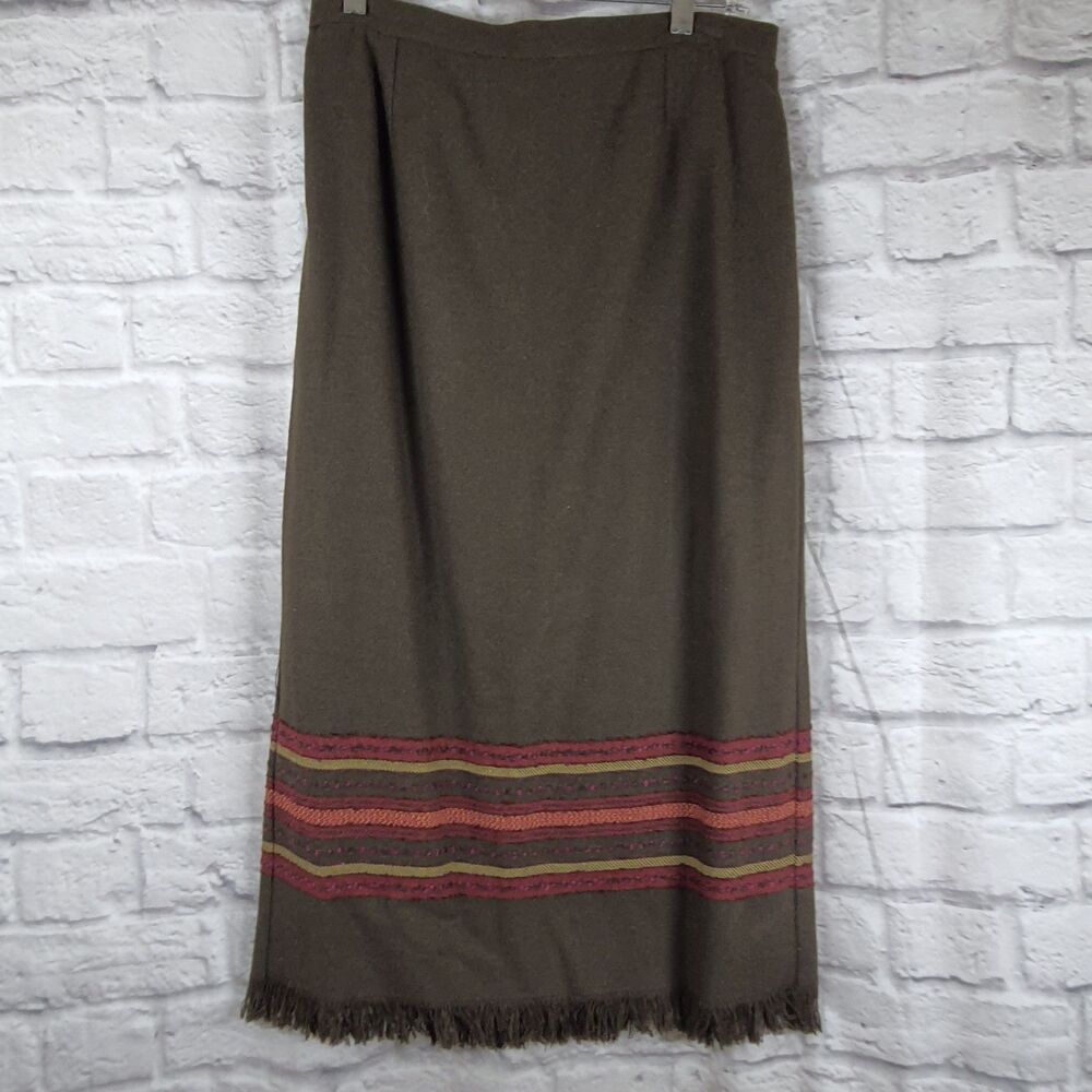Vintage Nouveaux Skirt Womens 12P Petite Wool Striped Long Fringe Hem Brown